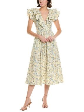 O.P.T Kate Floral Ruffle Collar Midi Dress in Light Yellow size M